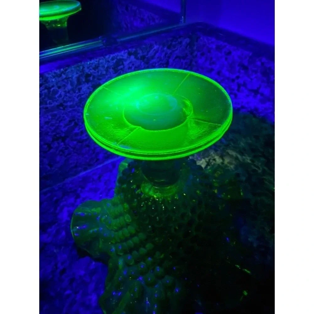 Vintage Uranium Glass Hobnail Pedestal Vase‎ UV Reactive Ruffled Green 5.5